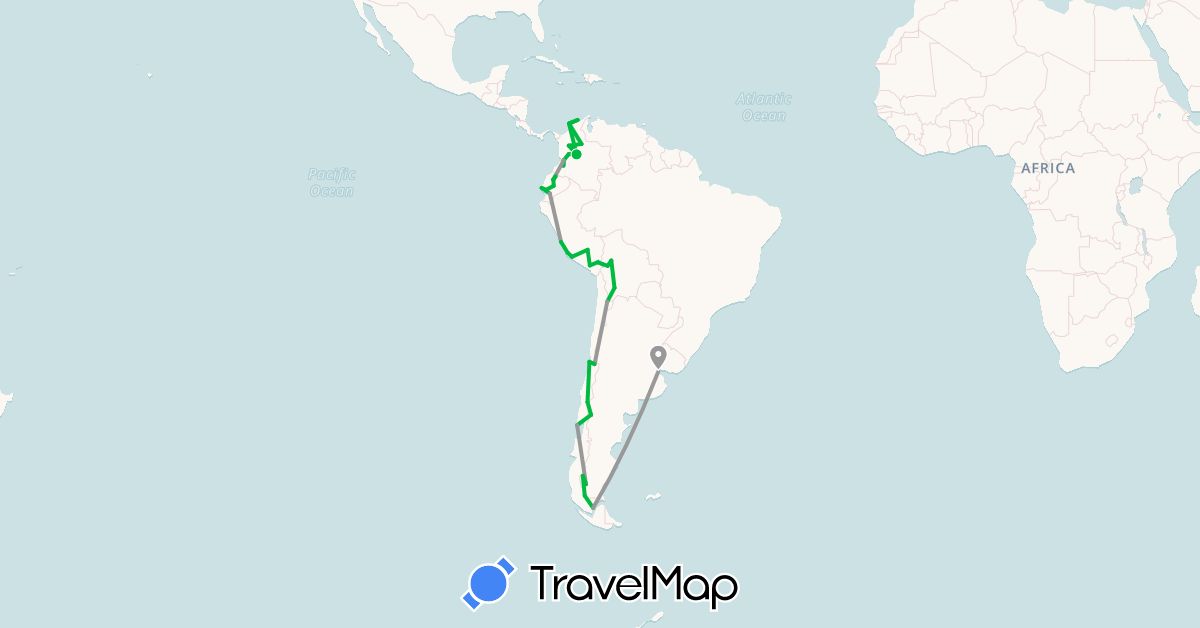 TravelMap itinerary: bus, plane in Argentina, Bolivia, Chile, Colombia, Ecuador, Peru (South America)