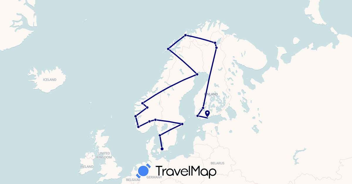 TravelMap itinerary: driving in Denmark, Finland, Norway, Sweden (Europe)